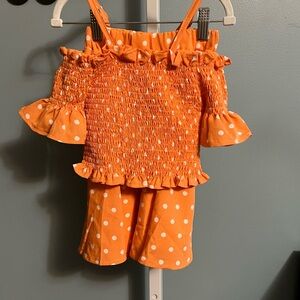 Orange Polka Dot Smocked Two-Piece Set Shirt and Skirt NWOT Boutique 6-7